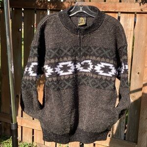 Tejidos Ruminahui Brown Gray Aztec Wool 1/4 Zip Pullover Sweater Pockets M